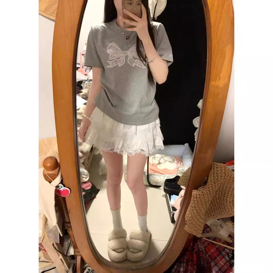 Gray Embroidered Bow Shoulder Short Sleeve