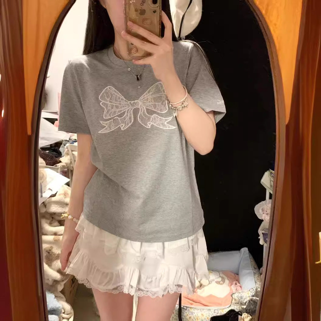 Gray Embroidered Bow Shoulder Short Sleeve