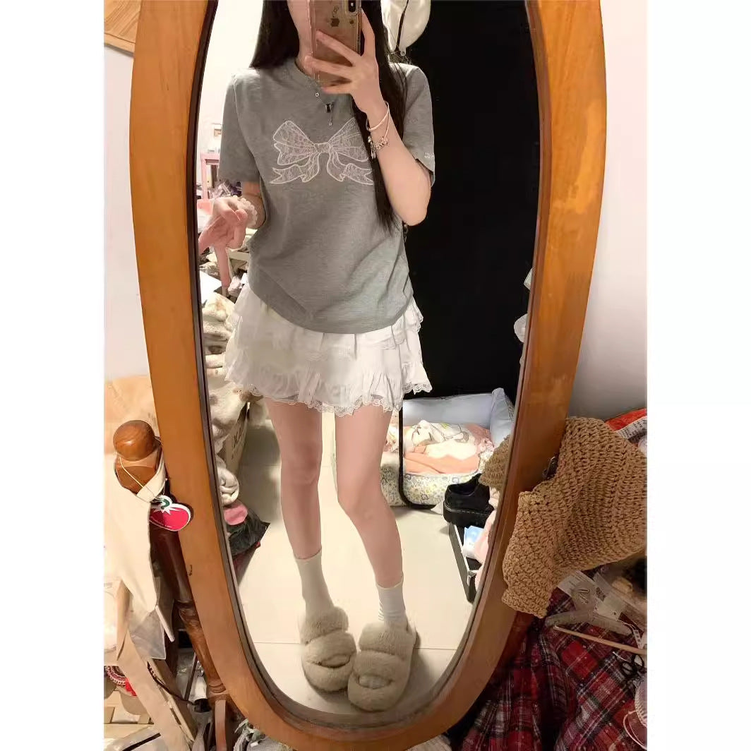 Gray Embroidered Bow Shoulder Short Sleeve
