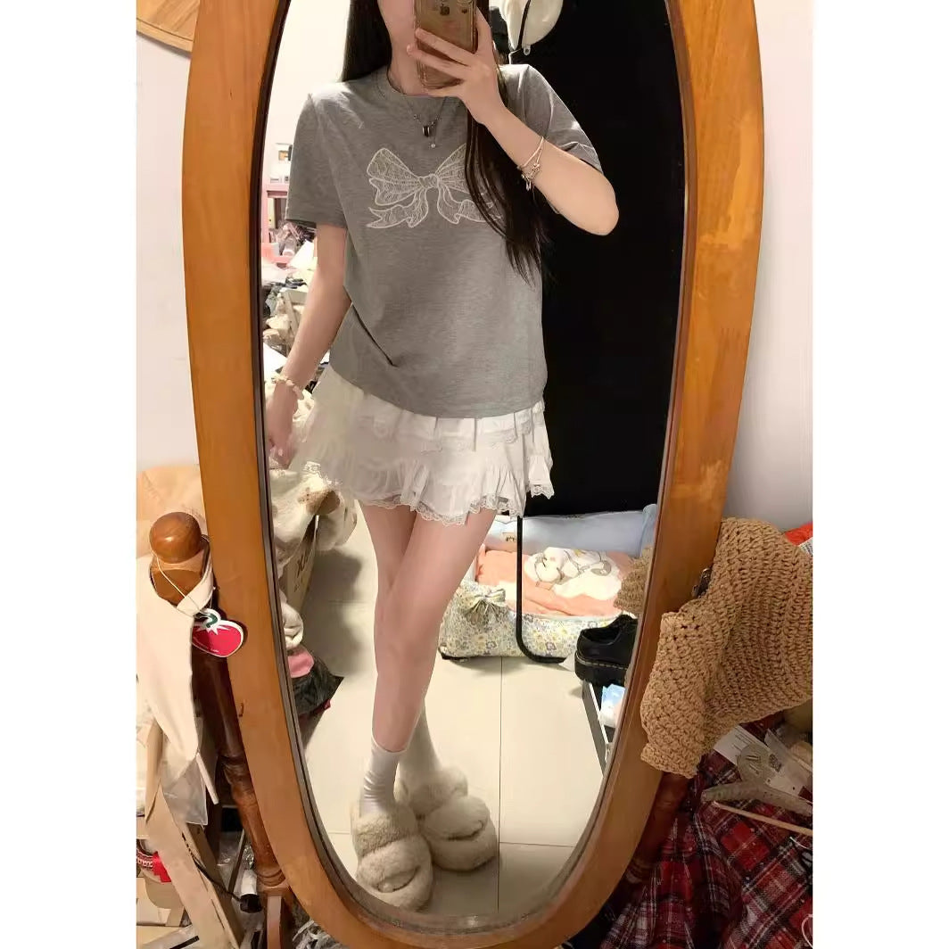 Gray Embroidered Bow Shoulder Short Sleeve