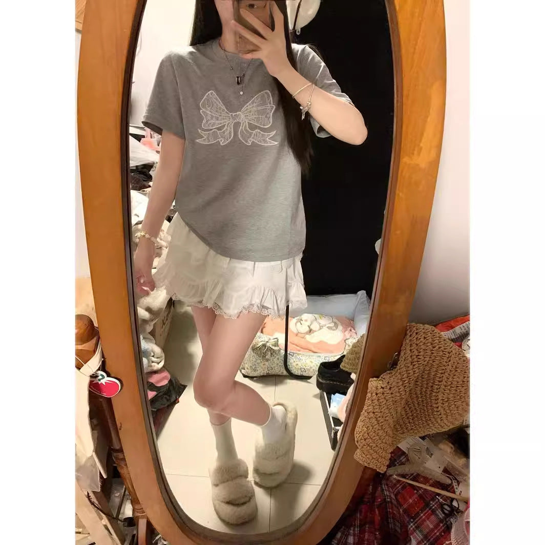 Gray Embroidered Bow Shoulder Short Sleeve